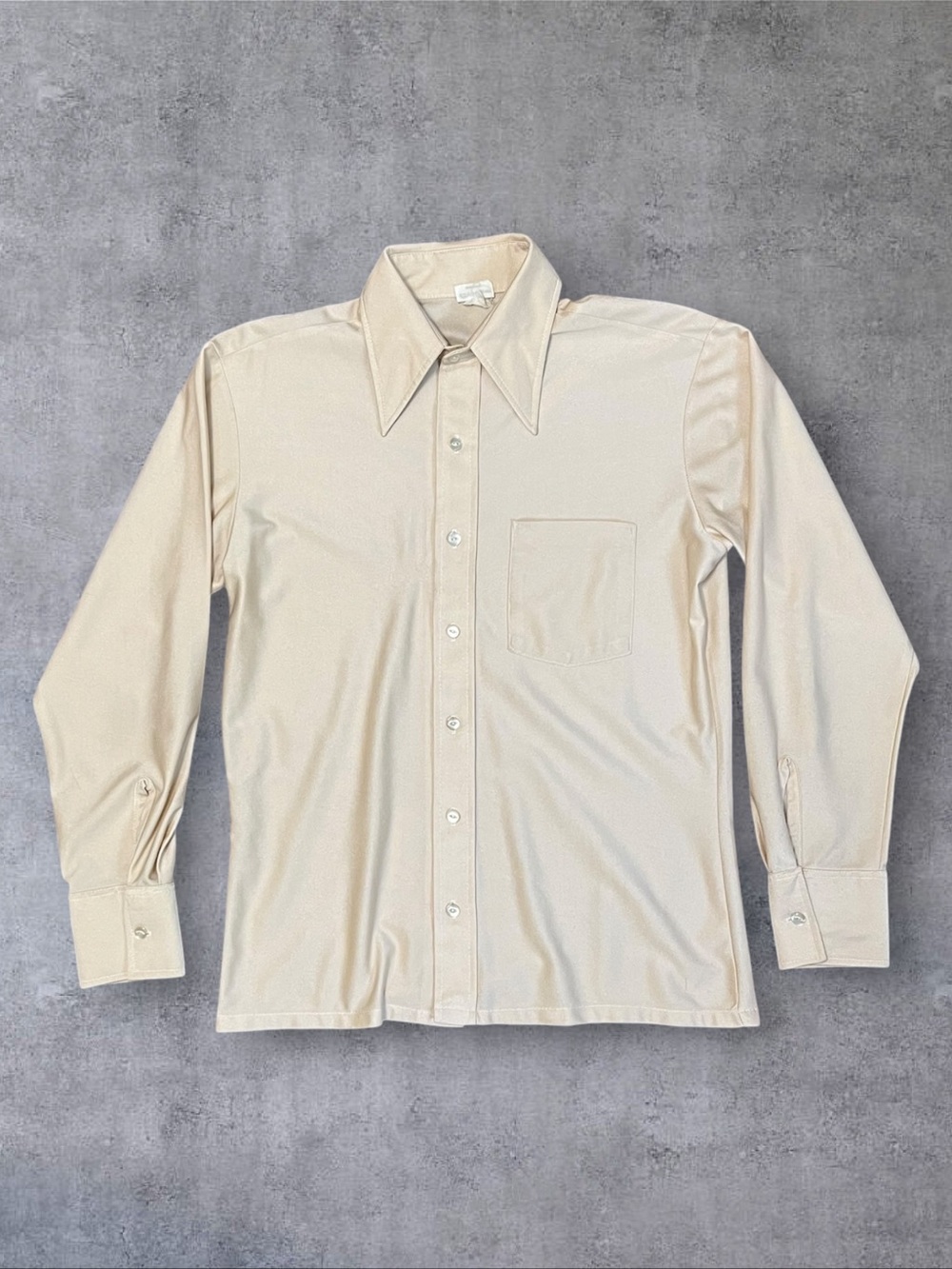Vintage 70s Le Chevron Sz S Beige Dagger Collar Button Up